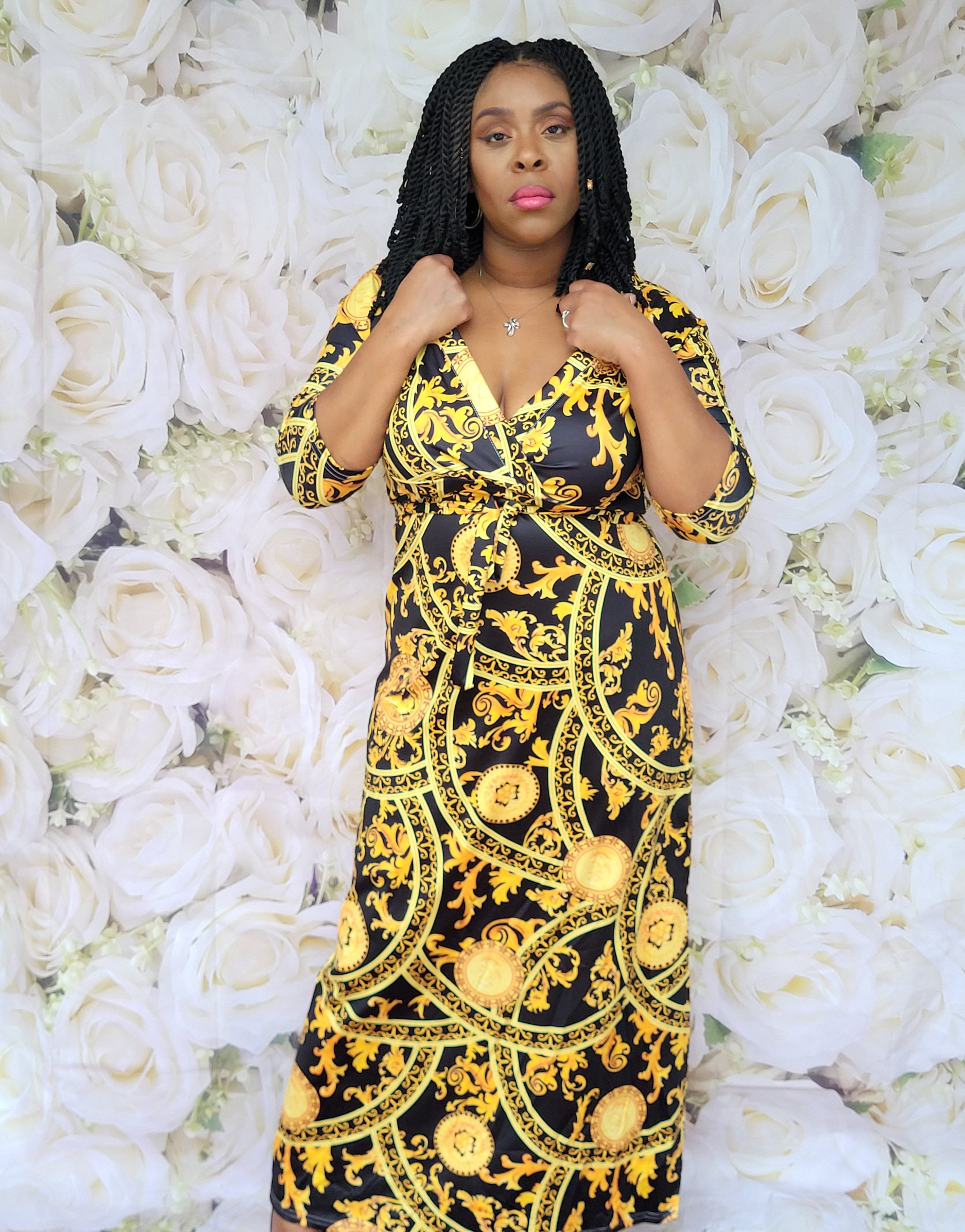ELEGANT BLACK AND GOLD MEDALLION MAXI DRESS WITH BELT Purpose365