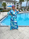 TROPICAL OCEAN FAN PETALS MAXI DRESS WITH BELT
